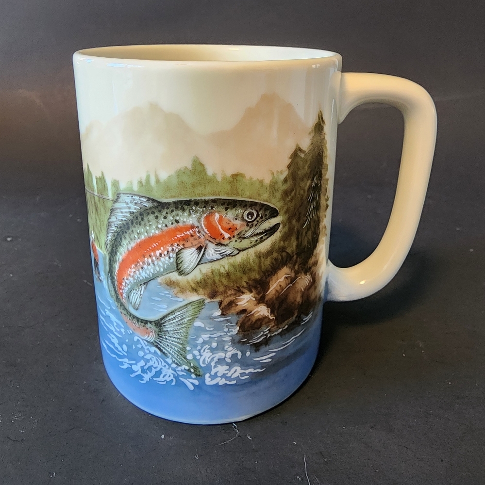 Vintage Otagiri Japan Rainbow Trout Fly Fishing Mountain Stream Coffee Tea Mug
